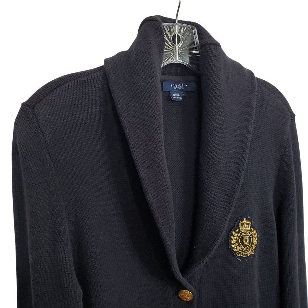 Chaps Womens Size L Cardigan Cotton Sweater Shawl Collar Gold Buttons Crest Navy - Picture 5 of 12